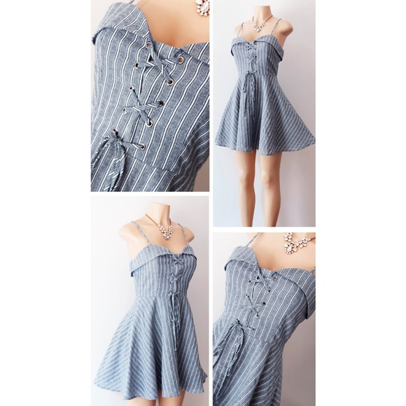 Denim Blue Stripe Laced Up Fit Flare Skater Dress - Picture 4 of 8